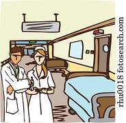 A doctor and a nurse standing in a hospital hall