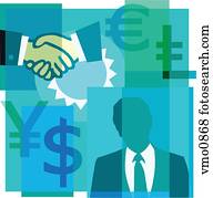 A montage of a businessman, a handshake, and currency symbols
