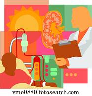 Collage of a kidney, a doctor, a sun, and a patient on dialysis Collage of a kidney, a doctor, a sun, and a patient on dialysis