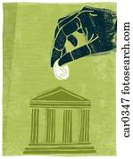 Illustration of a hand putting money into a bank