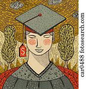Illustration of a student in graduation attire, with a price tag hanging off the cap