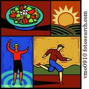 Montage of a salad, a sun, a person running and a person exercising Montage of a salad, a sun, a person running and a person exercising