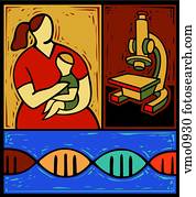 Montage of a woman holding a small child, a microscope and a double helix Montage of a woman holding a small child, a microscope and a double helix