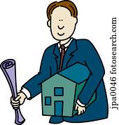 A businessman holding blueprints and a model house