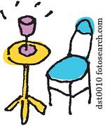 A chair and table with a glass on it