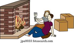 A couple having a toast in front of their fireplace in a new house