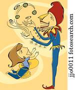 A jester juggling for a happy little girl