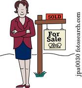 A real estate agent standing next to a sold house sign