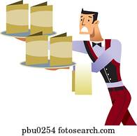 A waiter trying to balance menus on trays