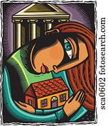 A woman holding her house close and a bank in the background