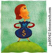 A woman with a sack of money as her body