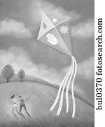 duas pessoas, voando uma pipa, com, símbolos, ligado, aquilo