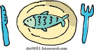 Fish on a plate, a fork and knife Fish on a plate, a fork and knife