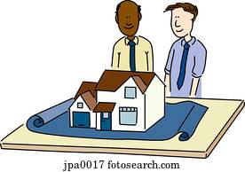 Two men looking a model of a house on a blue print Two men looking a model of a house on a blue print