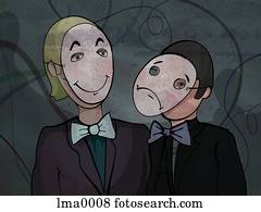 Two people with happy and sad masks on