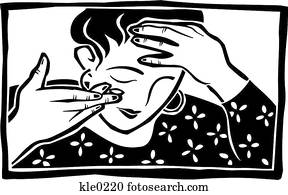 um, mulher, pôr, lentes contato, em