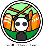 um, panda, com, um, cidade, e, luzes, atrás de, ele