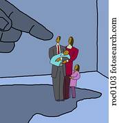 un, mano grande, amenazador, un, familia, en, su, sombra