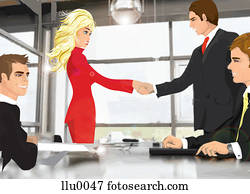 A female business woman shaking hands with a businessman in front of his colleagues