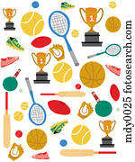 A pattern of sports equipment and trophies