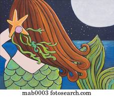 The back of a mermaid looking at the ocean and moon The back of a mermaid looking at the ocean and moon