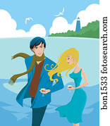 A couple walking along a beach on a windy day drinking wine A couple walking along a beach on a windy day drinking wine