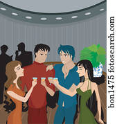 A group of people clinking their glasses in celebration at a party