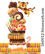 A large layered cake and a lion cub