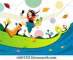 abbildung, von, a, frauenlauf, entlang, dass, bank, von, a, see, mit, fische, in, ihm