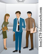 drie mensen, in, een, lift