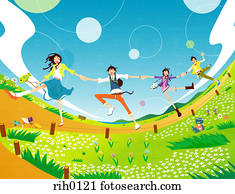 Illustration of four people holding hands skipping down a path