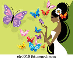 um, ilustração, de, um, noiva, cercado, por, borboletas