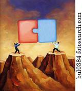 abbildung, von, zwei leute, setzen, a, puzzleteil, gemeinsam