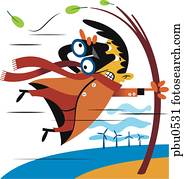 Illustration of a man with binoculars being blown by strong wind Illustration of a man with binoculars being blown by strong wind