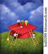 Illustration of people standing on top of a graduation hat