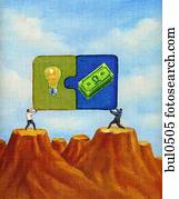 Illustration of two people holding puzzle pieces with symbols on them