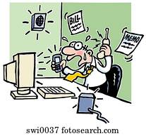 A cartoon drawing of a businessman sitting at a work desk looking stressed and surrounded by active cell phone, computers, intercoms and memos