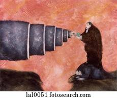 A conceptual illustration of a mechanical looking arm passing an object to a small man over a gorge