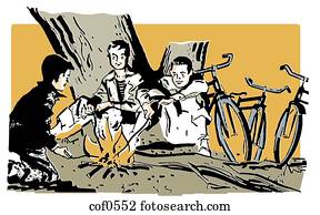 A group of boys around a camp fire