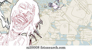 A line drawing of a laughing woman on a patterned background A line drawing of a laughing woman on a patterned background