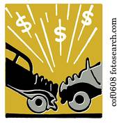 An illustration of a car accident and resulting in dollar signs An illustration of a car accident and resulting in dollar signs