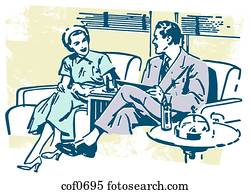 An illustration of a couple taking on a sofa An illustration of a couple taking on a sofa