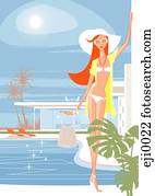 mujer, en, biquini, posición, por, piscina