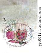 Pomegranate with fork in plate Pomegranate with fork in plate