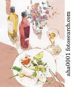 tabla, conjunto, para, cena