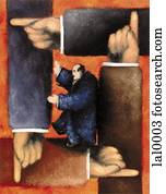 teckning, av, a, affärsman, anbringat, mellan, fyra havsarm