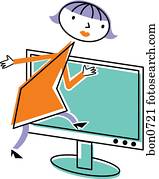 Woman entering television screen