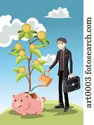 A businessman watering a money tree growing out of a pig