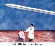 A doctor and patient sitting beneath a sword