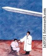 A doctor and patient sitting beneath a sword